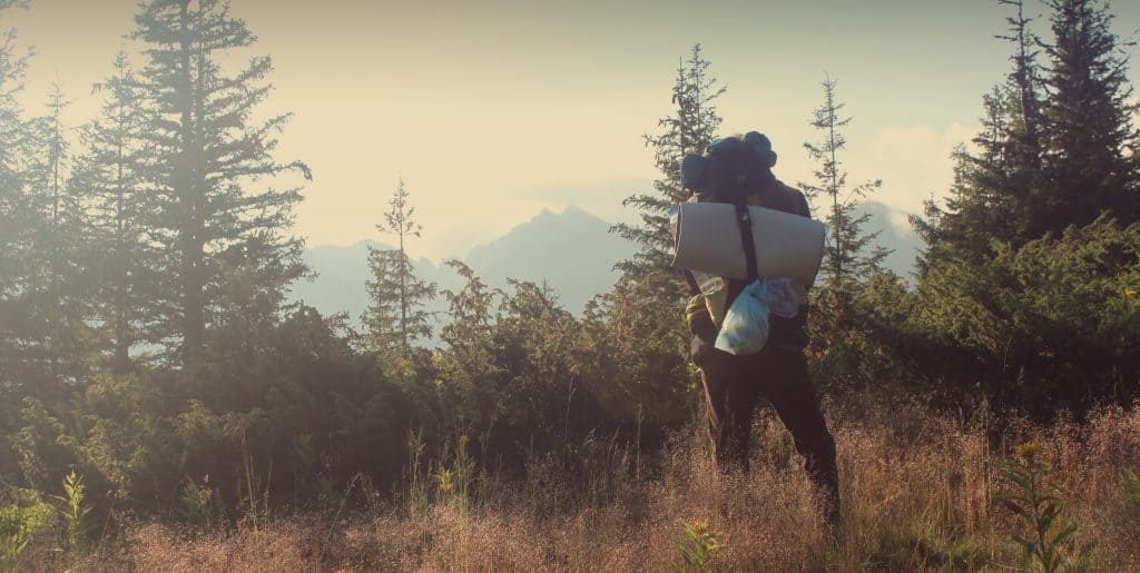Backview of a guy doing trekking